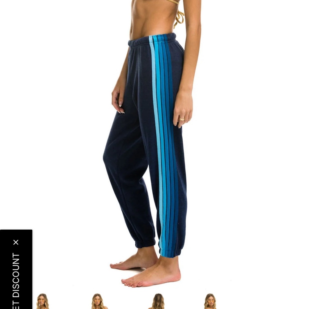 Aviator Nation Navy Blue Track Pants with Light Blue Stripes